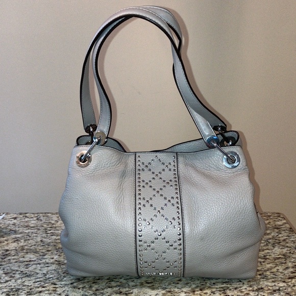 Michael Kors Raven Gray Leather Studded Shoulder Bag Rare Silver Hardware Roomy - Picture 1 of 17